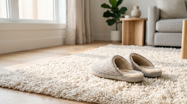 Cozy house slippers on shaggy rug in modern living room representing comfort and hygge lifestyle