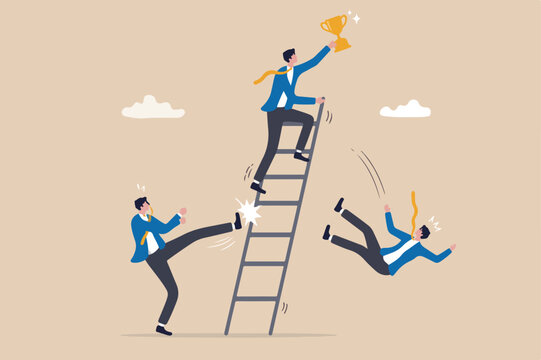 Jealous colleague or coworker envy for other being better or promoted, loser cheating competition office politic dirty and dishonesty concept, businessman loser kick winner ladder to make him fall