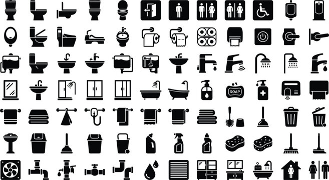 Bathroom interior and public restroom sanitary glyph solid icons set for architecture hygiene plumbing building design vector