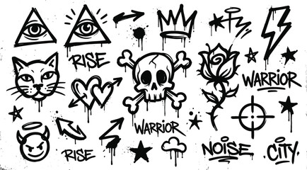 Fototapeta premium Graffiti style icons including skulls roses eyes and crowns in a white background with splatter effects
