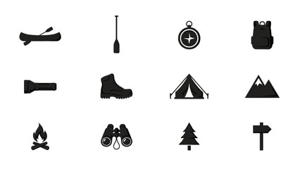 Naklejka premium Minimalist black silhouette icons set with representing essential outdoor against neutral background high contrast collection outdoor adventure gear