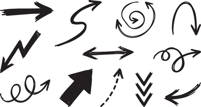 Black line of arrows, clouds, leaves, and symbols leaf
