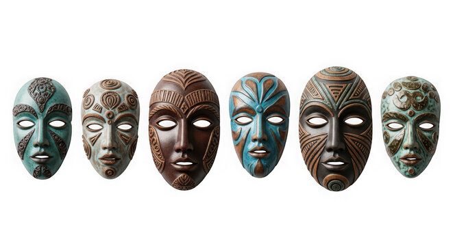 Set of six ornate tribal masks with intricate patterns and vibrant colors isolated on transparent background