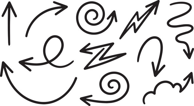 Hand-drawn black and white arrows, circles, and zigzags in a swirling pattern