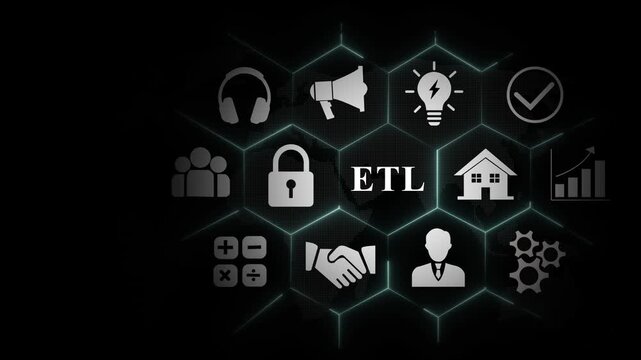Etl data integration concept featuring animated hexagonal network nodes with business digital information processing, software engineering, big data analytics, and corporate connectivity
