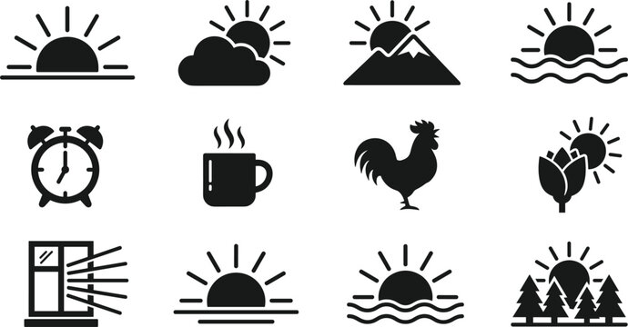 Morning sunrise icons collection with alarm clock coffee mug rooster sun dawn window landscape silhouette black vector
