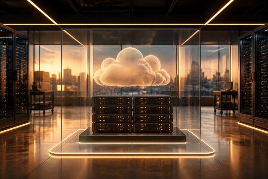 Cloud representation hovering above server stack in data center