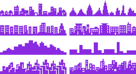 Fototapeta premium Purple City Skyline Silhouette Vector Icon Set for Urban Development, Real Estate Marketing & Architectural Design Projects (EPS)