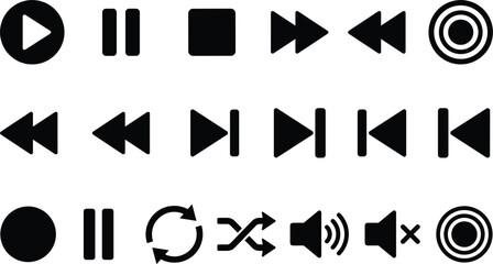Media player control buttons set with play pause stop fast forward rewind volume record shuffle loop vector © Md