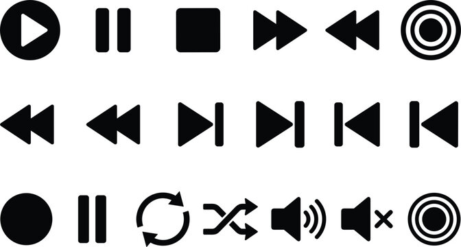 Media player control buttons set with play pause stop fast forward rewind volume record shuffle loop vector