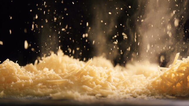 Fresh Parmigiano Reggiano finely grated over creamy pasta, thousands of cheese flakes suspended in the air, rising steam, cinematic lighting, extreme