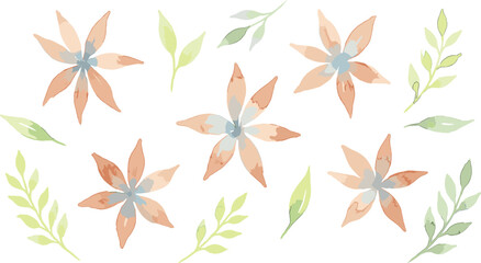 Fototapeta premium Delicate watercolor peach blossoms and green leaves scattered across a clean white background