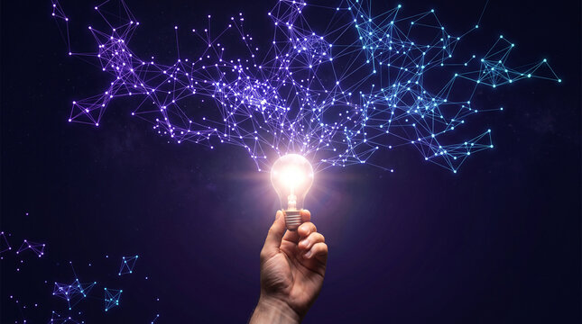 Hand holding glowing light bulb with complex digital particle connection network floating on dark background representing creative thinking.