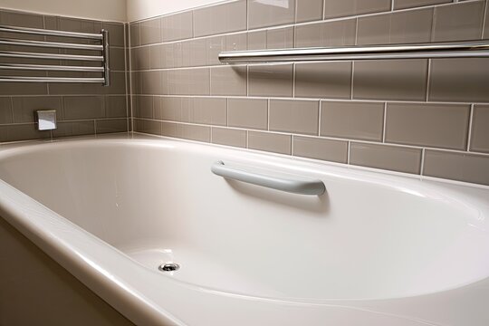 A clean, modern bathtub with tiled walls and a heated towel rack