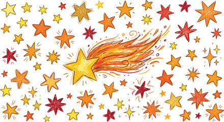 A single bright yellow shooting star with a fiery tail surrounded by numerous colorful hand-drawn stars during a vibrant celestial display © SoHel