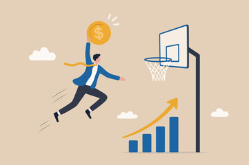 Financial achievement, aiming for savings or investment target, ambition for career development increase income concept, skillful businessman jumping holding money coin to slam dunk basketball hoop © Parul