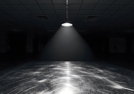 Metal table under lamp in dark room area.
