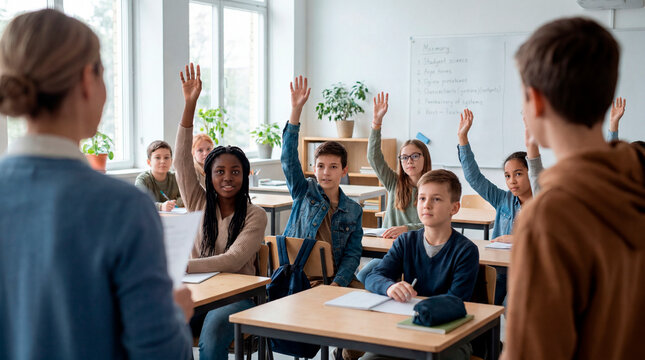 Attentive middle school students raising hands answering teacher during classroom lesson