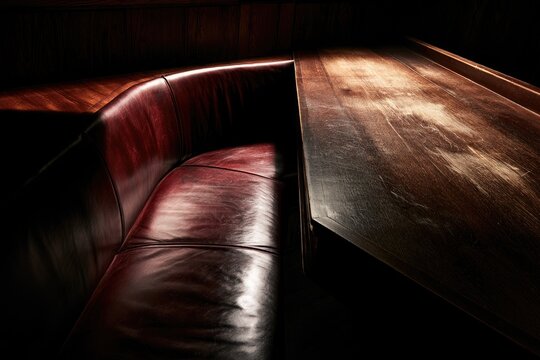 Dimly lit booth with worn leather seating and a rustic wooden table