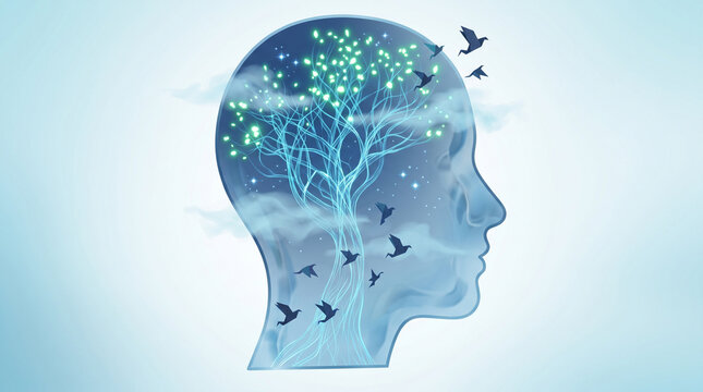 Abstract human head profile with glowing tree brain, symbolizing mental health, growth, psychology, and freedom of thought.