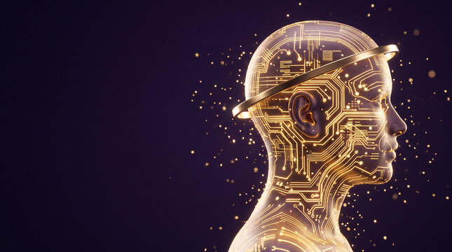 Abstract human head with glowing circuit board pattern and halo, representing artificial intelligence and technology.