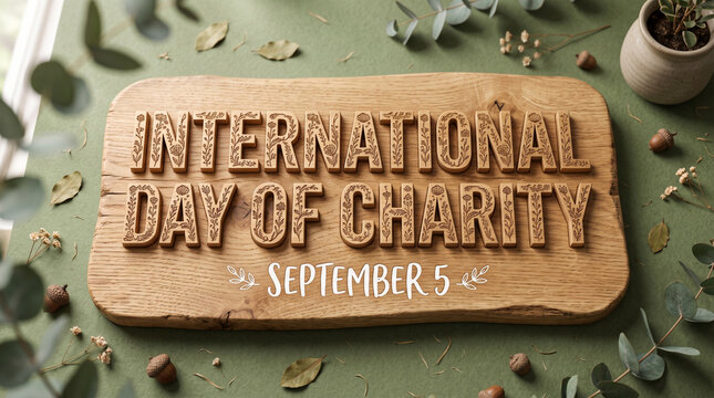 International day of charity, september 5, carved into wooden board surrounded by eucalyptus leaves and acorns.