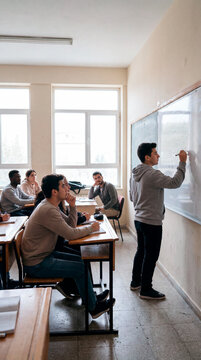 Teenage student solving equation on whiteboard as classmates watch in math class