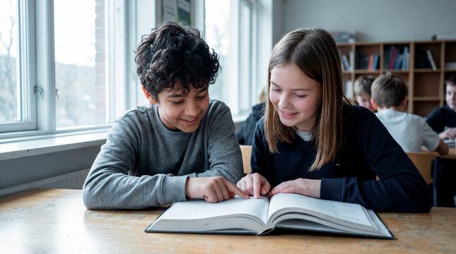Two smiling teenage classmates reading textbook together at school desk by window
