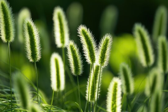 backlit green foxtails sway gently in soft, blurred light