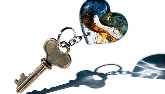 Key and heart shaped keychain with shadow cut out isolated on white background, realistic metal house key and love keyring. AI Generated.
