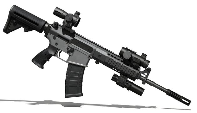 Modern military tactical assault rifle automatic firearm with shadow cut out isolated on white background, realistic defense equipment design. AI Generated.

