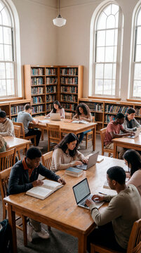 Diverse college students studying with laptops and books in spacious campus library
