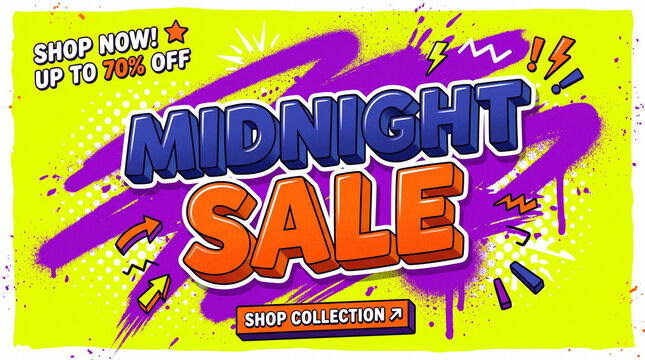 Vibrant and energetic promotional banner design with bold typography reading midnight sale shop collection up to seventy percent off now.