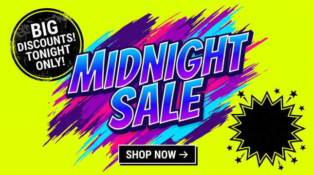 Dynamic and artistic midnight sale advertisement featuring graffiti style splashes bright neon yellow colors and shop now call to action.