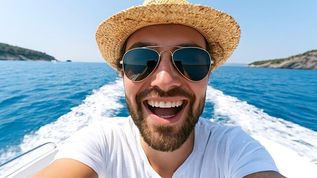 Happy man taking selfie on summer boat trip
