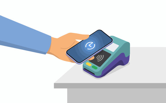 Person using smartphone for contactless payment at card terminal