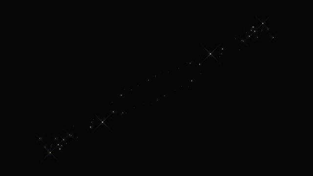 Magical glitter trail line animation, fast glowing star streaks, white shimmer particles, black screen background overlay, sparkle transition effect, fantasy light motion background, 4k loop.