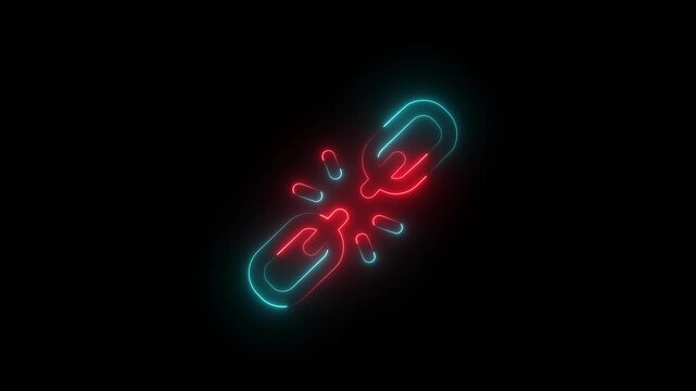 Glowing Neon Broken Link Icon Animation Isolated on Black Background, Unlink Symbol Motion Graphics 4K