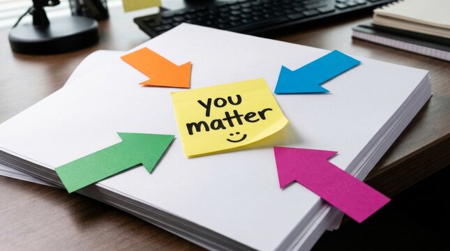 Yellow sticky note with the message you matter surrounded by colorful arrows on a stack of white paper.