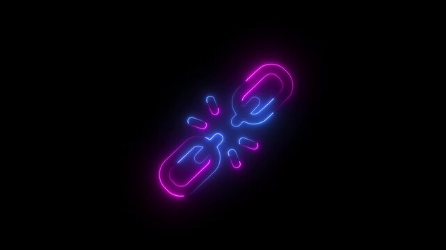 Glowing Neon Broken Link Icon Animation Isolated on Black Background, Unlink Symbol Motion Graphics 4K