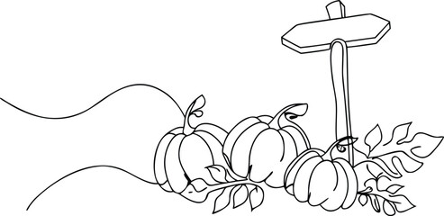 Rustic autumn pumpkins sitting near wooden signpost in continuous single line art style on transparent background set. © kajallata