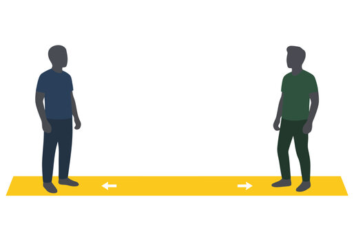 Two silhouetted figures maintain 6ft/1.8m distance, illustrating social distancing guidelines. Clean vector graphic, bright teal background. Simple, informative visual.