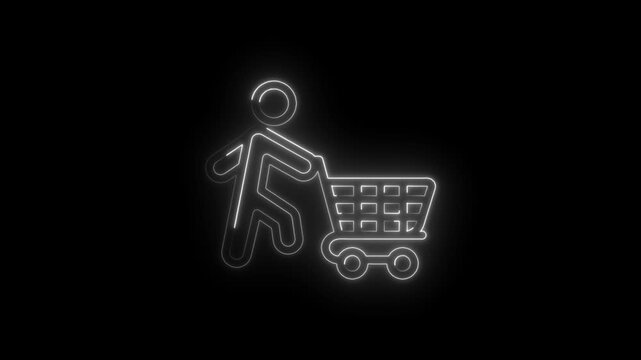 Glowing neon outline of a person pushing a shopping cart on a black background abstract icon