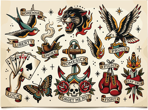 Traditional tattoo flash sheet with panther eagle anchor and sailor motifs on aged paper