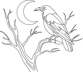 Obraz premium Autumn halloween doodle black outline crow on tree branch with moon. spooky bird isolated line art.