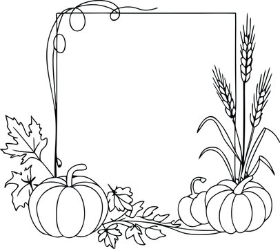Autumn harvest doodle black outline frame with pumpkins wheat and leaves. fall season plants isolated line art.