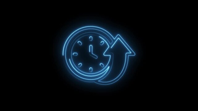Neon blue clock icon with upward arrow animation symbolizing time progress efficiency and speed