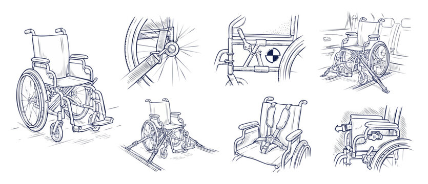 Wheelchair safety tie down illustration showing secure transportation methods and mobility equipment straps. Technical line art sketching of accessible vehicle restraint systems and disability transit