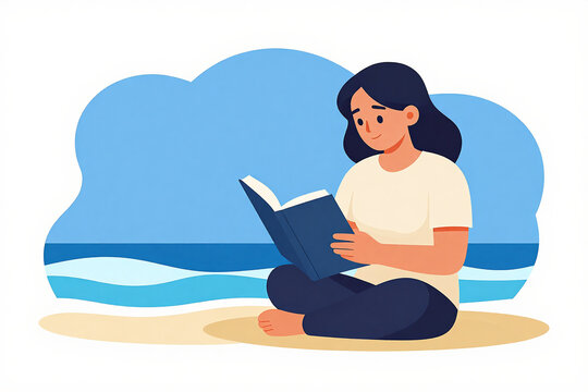 Young Reader Immersed in an Engaging Novel Under a Vibrant Sun Umbrella on a Tranquil Beach