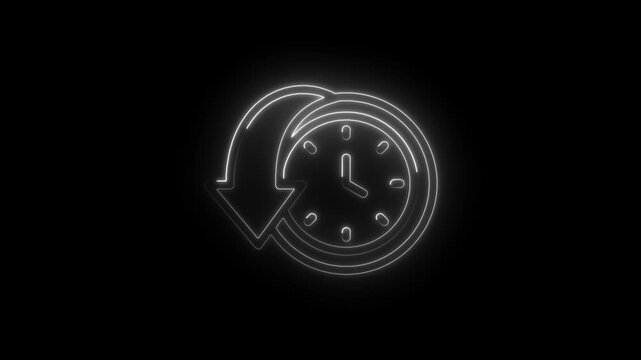 Retro neon clock with rewind arrow animation glowing white on black background historical icon